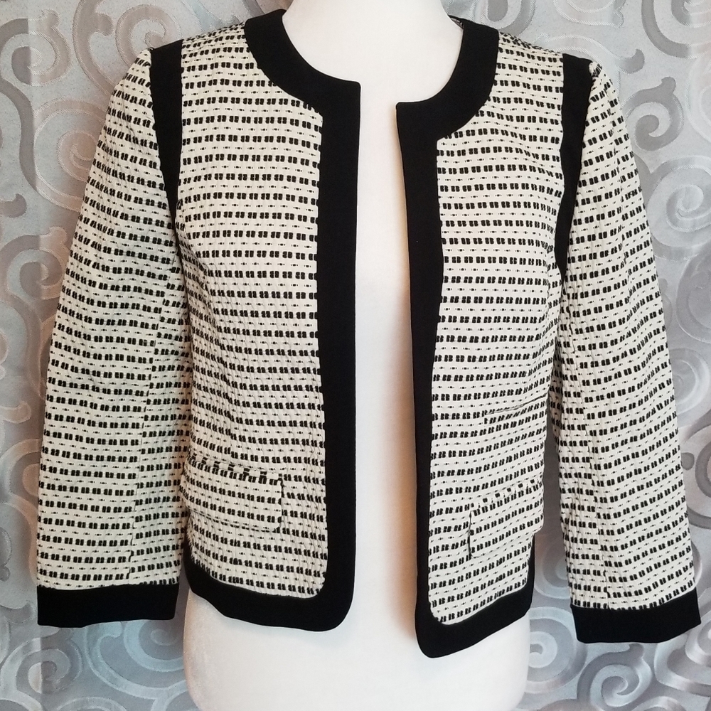 Loft black and white open front blazer